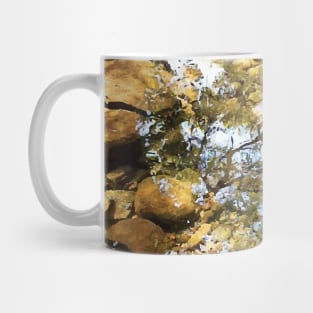 Reflection, lake, trees, pebbles, sparkle, shine, summer, river, aqua, water, spring, holiday, xmas, nature, adventure, rocks, sun, exotic, tropical, blue, turquoise, tan, tree Mug